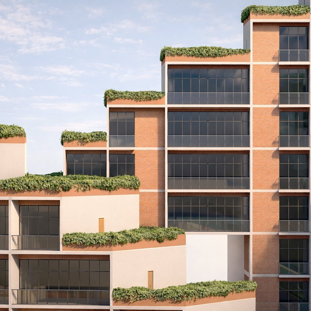 Terraced brick façade with planted setbacks